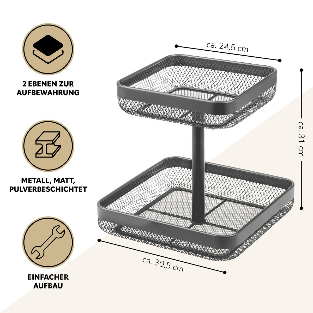 OBSTETAGERE 2-STÖCKIG eckig Metall grau - Grau, Metall (31cm) - eluno