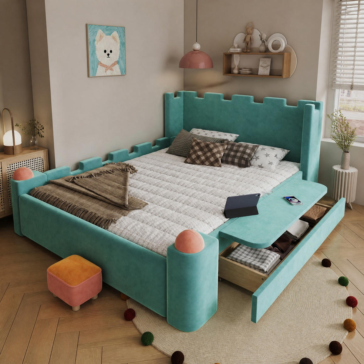 KINDERBETT 140/200 mit Burg-Design, klappbarer Seitenablage und Stauraumschublade in Blaugrün - Blau/Grün, Holzwerkstoff/Textil (140/200cm) - EVRYAE