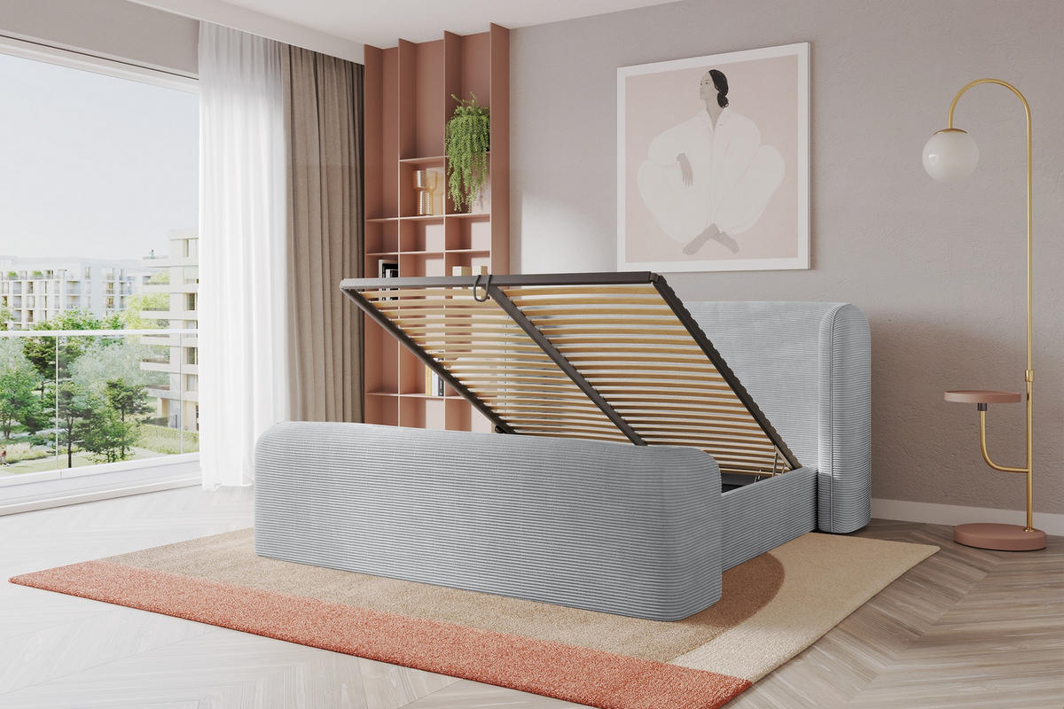 POLSTERBETT mit Bettkasten, Fußteil und Lattenrost, Boxbett ohne Matratze - ESTI-Z 160x200 Grau - Alufarben, Holzwerkstoff/Textil (160/200cm) - ALTDECOR