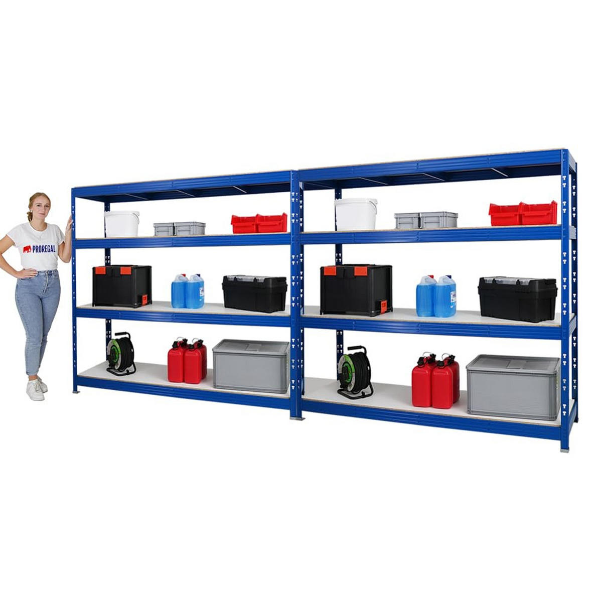 SCHWERLASTREGAL Rhino 2er-Set mit 2x 180x200x60 cm 4 Melamin-Ebenen 16mm Fachlast 500 kg Blau - Blau, Metall (400/180/60cm) - PROREGAL
