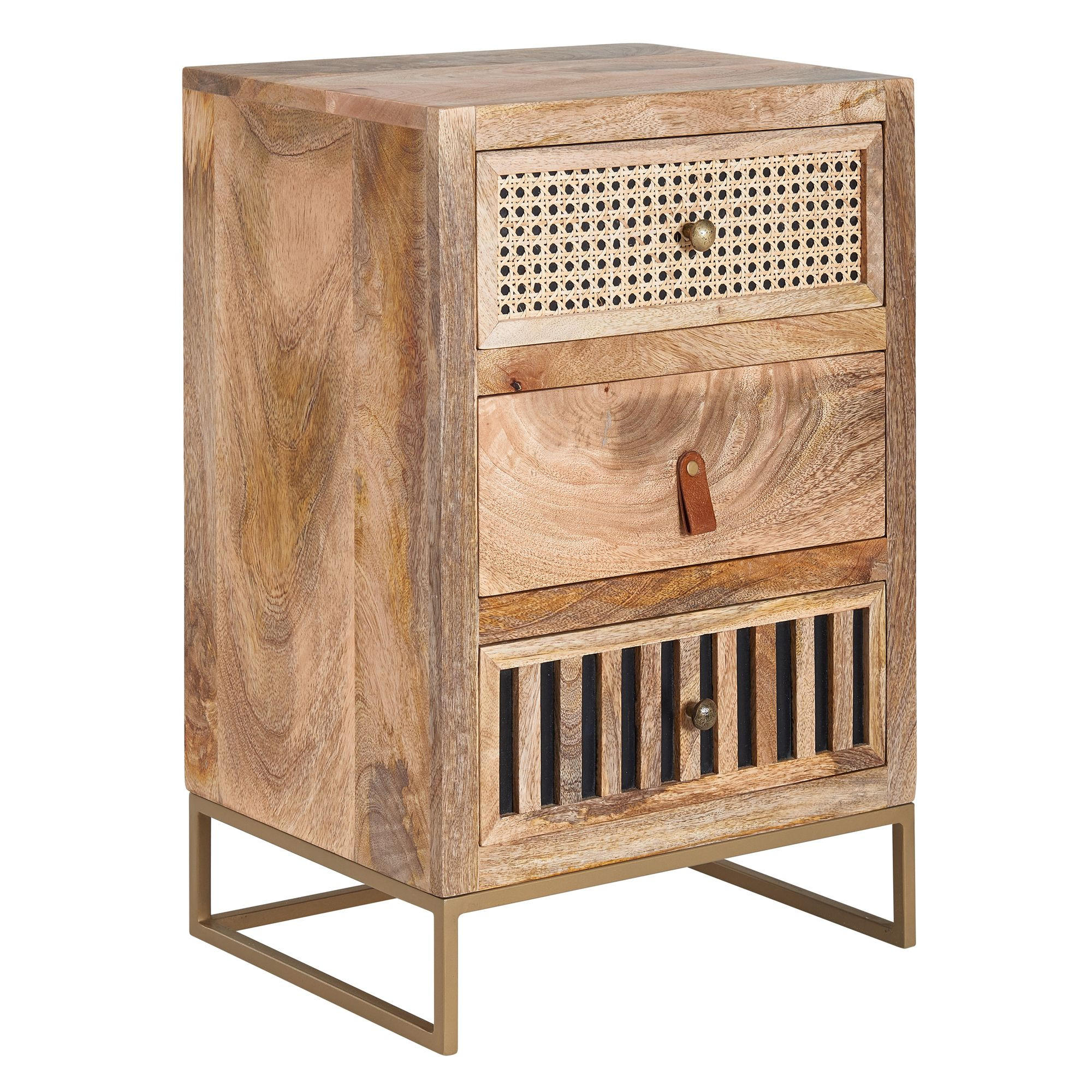 NACHTTISCH – Mango Massivholz/Rattan, 3 Schubladen, für Boxspringbett - Goldfarben/Braun, Holz/Metall (40/60/30cm) - KADIMA DESIGN