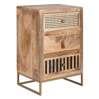 NACHTTISCH – Mango Massivholz/Rattan, 3 Schubladen, für Boxspringbett - Goldfarben/Braun, Holz/Metall (40/60/30cm) - KADIMA DESIGN