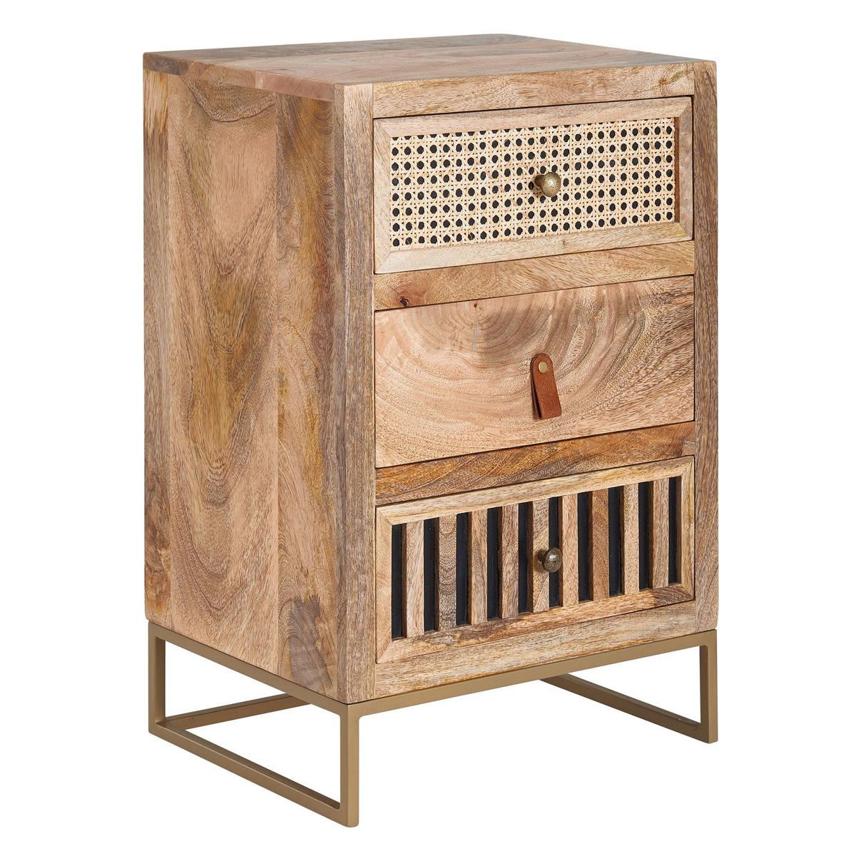 NACHTTISCH – Mango Massivholz/Rattan, 3 Schubladen, für Boxspringbett - Goldfarben/Braun, Holz/Metall (40/60/30cm) - KADIMA DESIGN