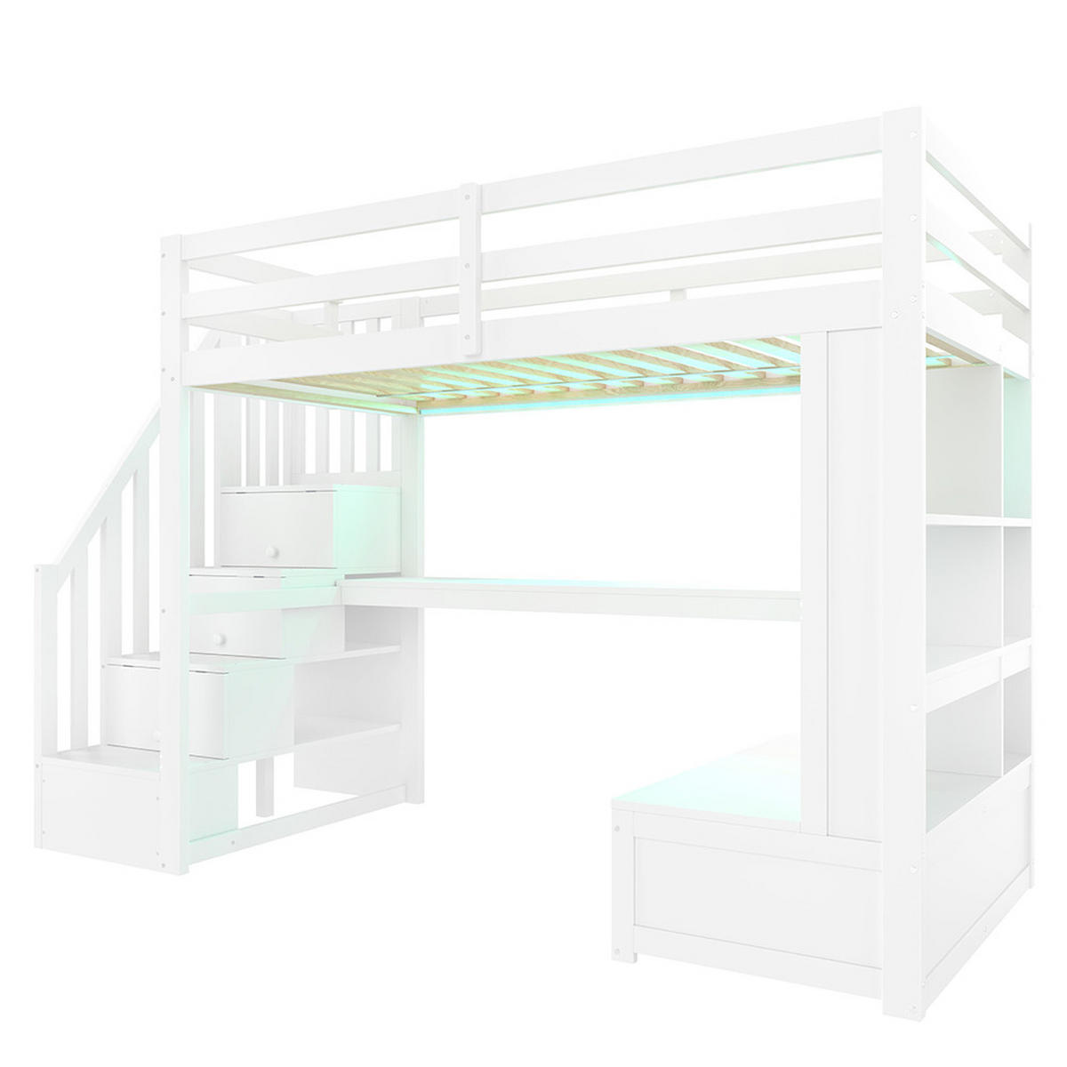 HOCHBETT 90X200 cm mit Schreibtisch und Regalen, zwei integrierten Schubladen, weiß - Weiß, Holz (90/200cm) - KOMHTOM