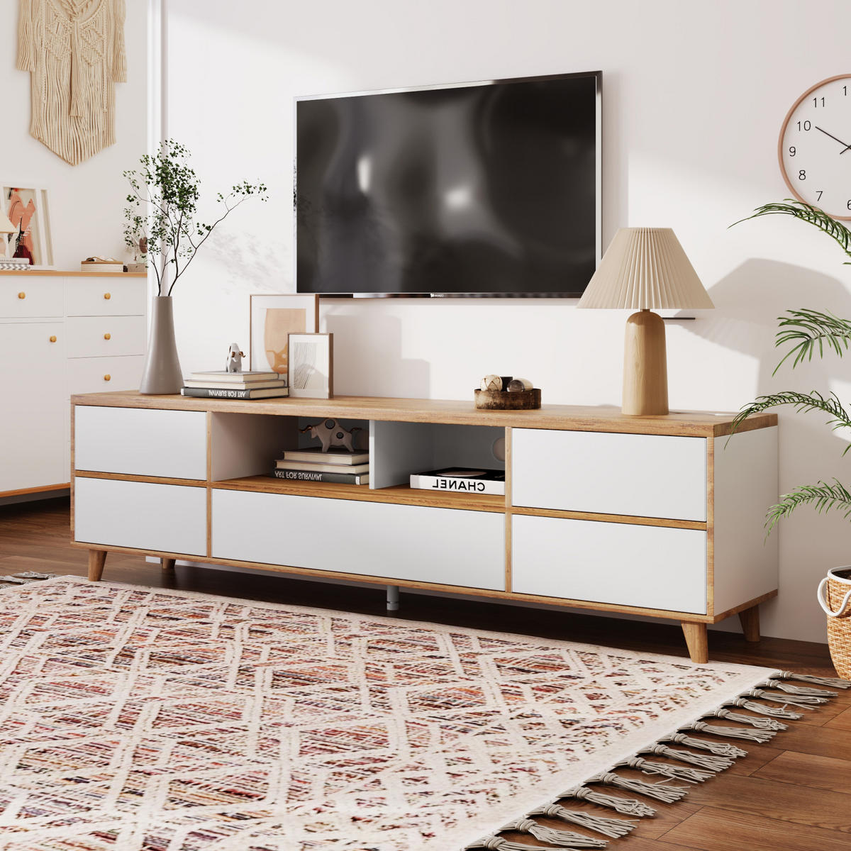 TV Lowboard 175x37x51 cm, 5 Türen, 2 offene Fächer - Weiß, Holz (175/51/37cm)