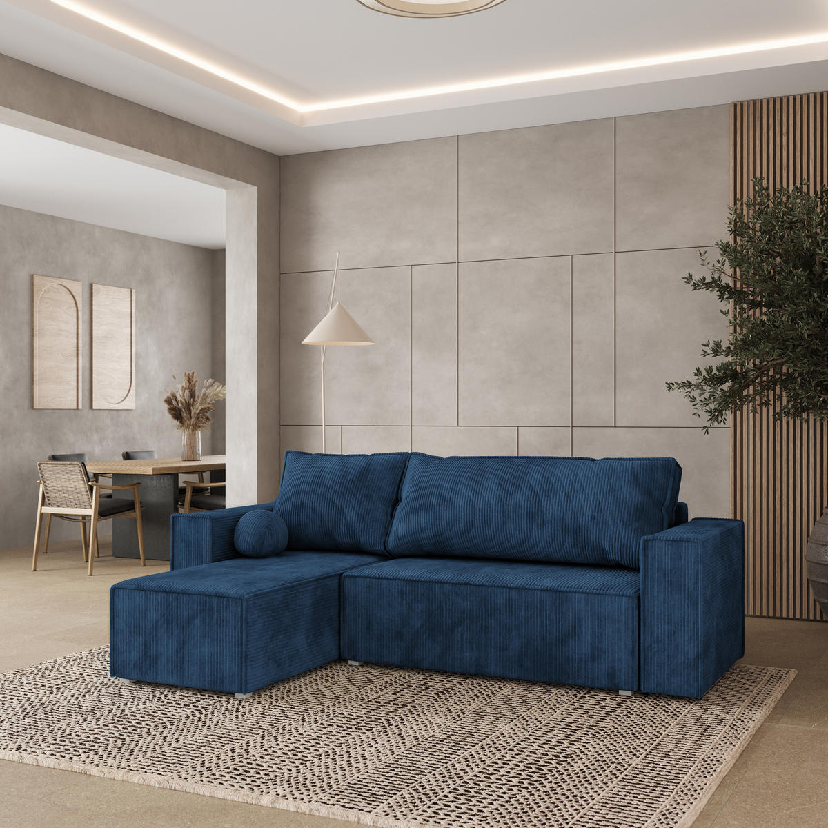 ROHOVÁ SEDAČKA RAVELO modrá - šedá/modrá, dřevo/textil (240/140cm) - MASSENO