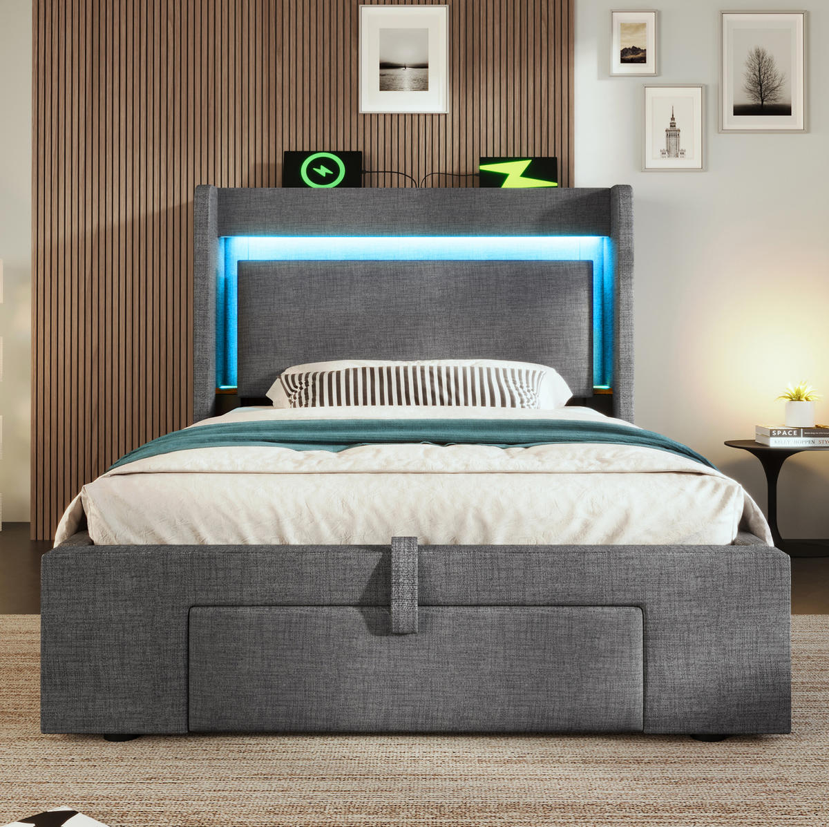 BETT mit Stauraum & LED 90x200 cm Leinen Grau - Grau, Metall (90/200cm) - Meubliv