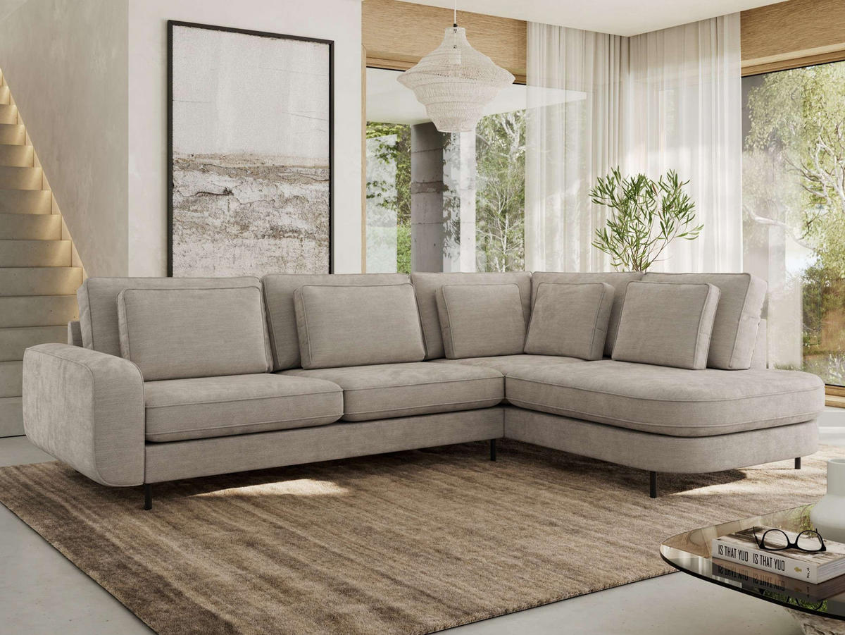 ROHOVÁ SEDAČKA CALENO L - Světle šedá Hrubě tkaná žinylka - Levá Strana - černá/světle šedá, kov/textil (317/225cm) - MKS