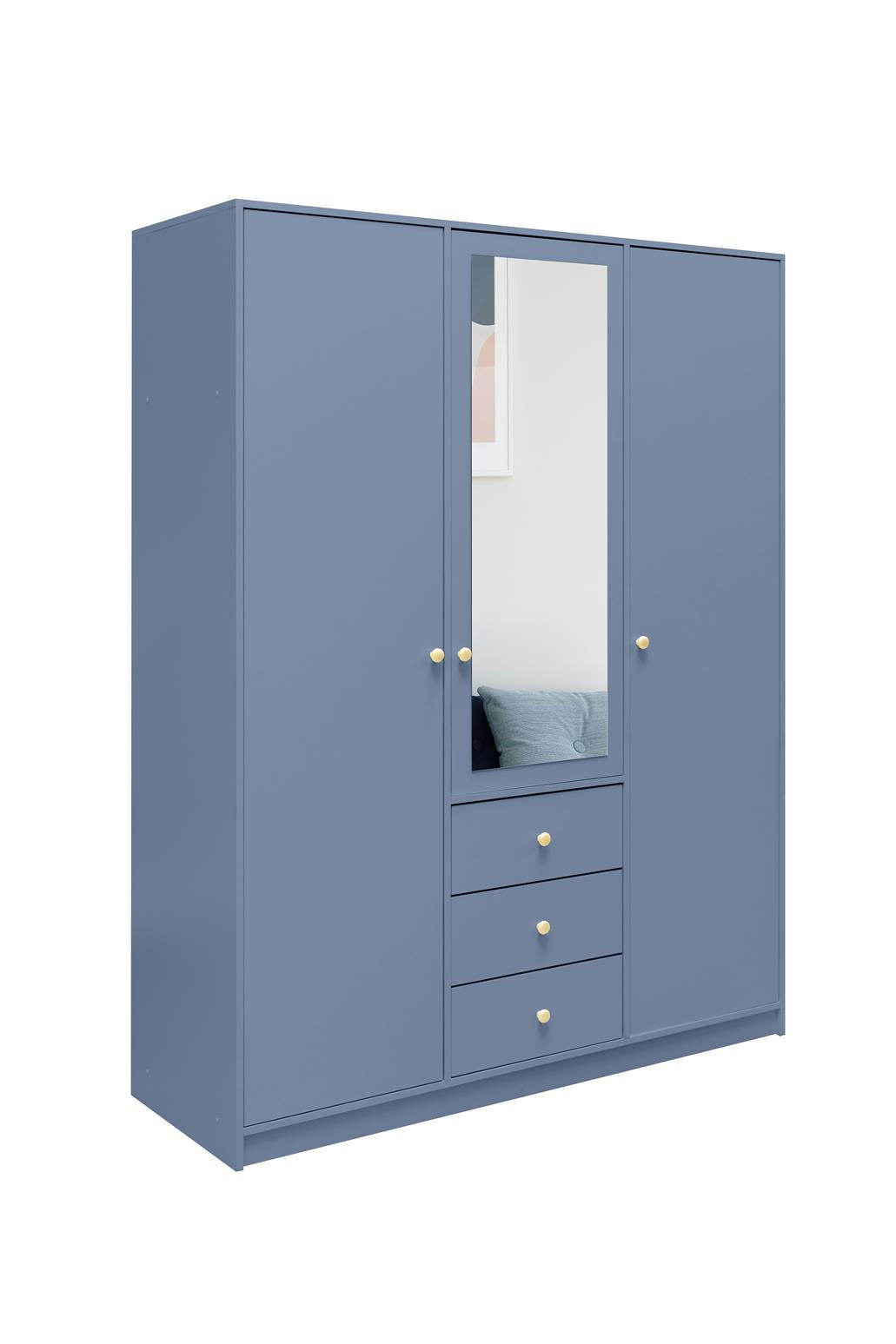 KLEIDERSCHRANK Rainbow Hellblau, dreitüriger Drehtürenschränk mit Spiegel und Schubladen - Hellblau, Holzwerkstoff (149/200/58cm) - Bettso