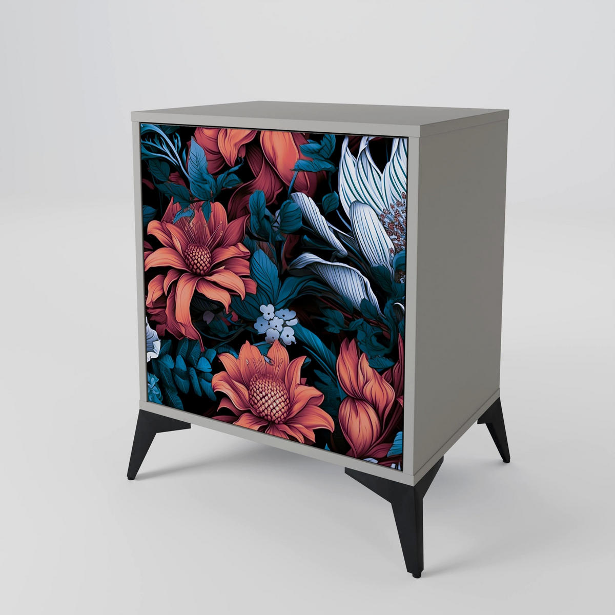 SIDEBOARD ETHEREAL BLOSSOMS, Grau, 57,5x42x72,5 cm, Schwarze Metallfüße - Multicolor/Schwarz, Holzwerkstoff/Metall (57.5/72.5/42cm) - SpaceRebels