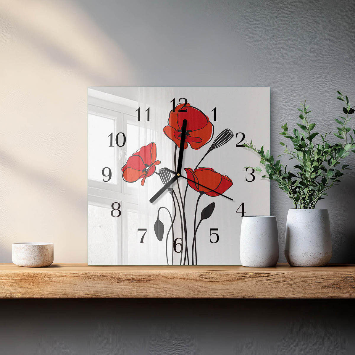 WANDUHR 30x30 cm - Mohn - Rot, Glas (30/30/0.4cm) - TULUP