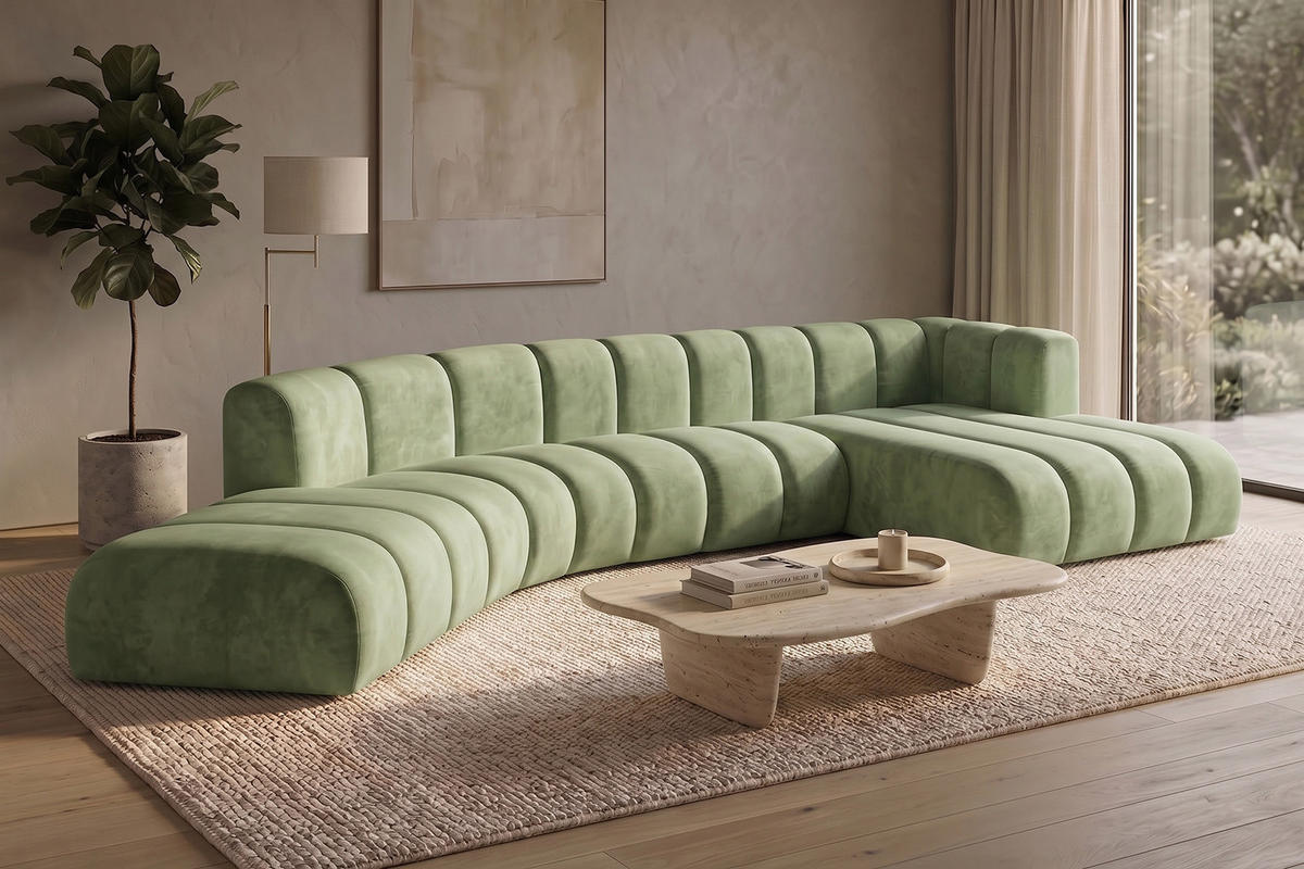 ECKSOFA Modulares In L-Form, Velvet-Stoff Riviera, Olive, Rechts, GRAND Round - Olivgrün, Holz (445/179cm) - Kaiser Möbel