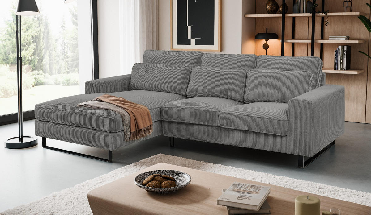 SOFA grau Cord 276 cm, Ecksofa 4-Sitzer, L-Sofa Ottomane links - Schwarz/Grau, Holz/Textil (276/183cm) - Inn.Furn
