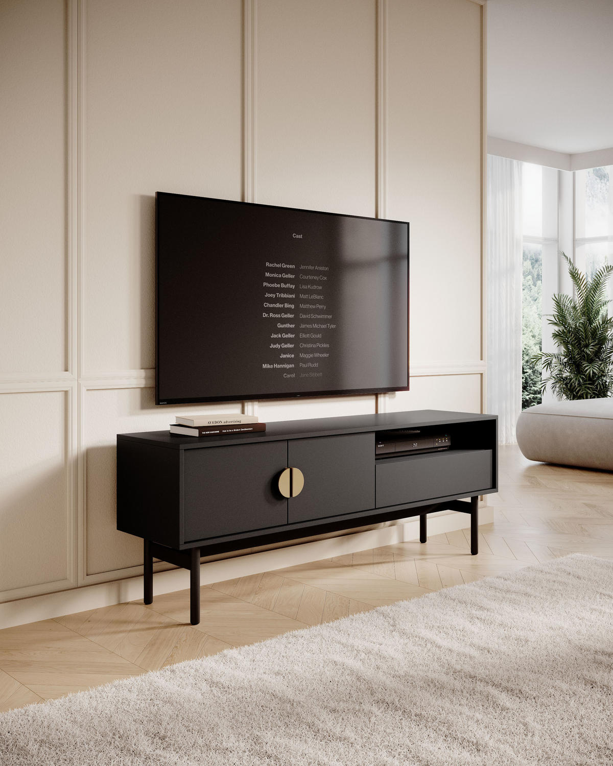 TV-SCHRANK Stoon Schwarz mit Schublade 154 cm - Goldfarben/Schwarz, Holzwerkstoff/Metall (154/57/38cm) - Selsey
