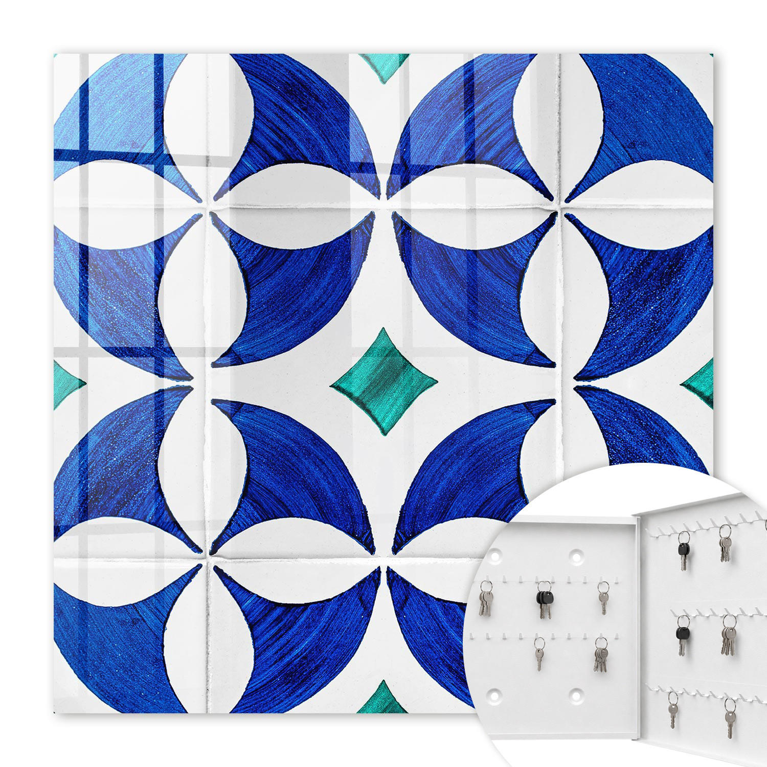SCHLÜSSELBOX Weiß 30x30 cm – Türöffnung nach rechts - Geometrisches Motiv - Blau, Metall (30/30/5cm) - TULUP