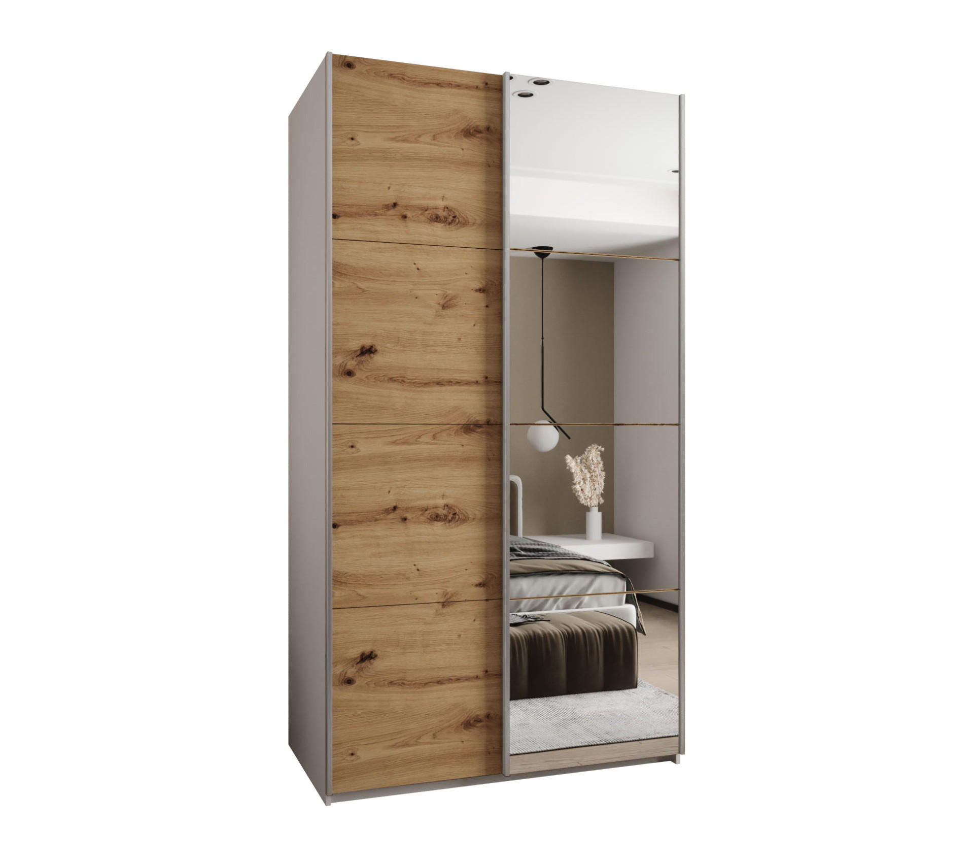 Abiks Möbel Schwebetürenschrank Weiß, Eiche Artisan, Silber 130x245x64 cm