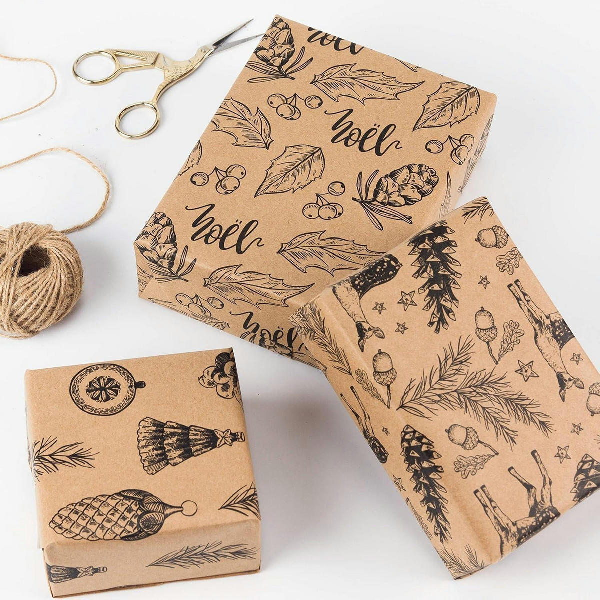 GESCHENKPAPIER 4 Rollen 76 cm x 305 cm Kraftpapier Weihnachtsmotive - Braun, Papier (4/76/15cm)