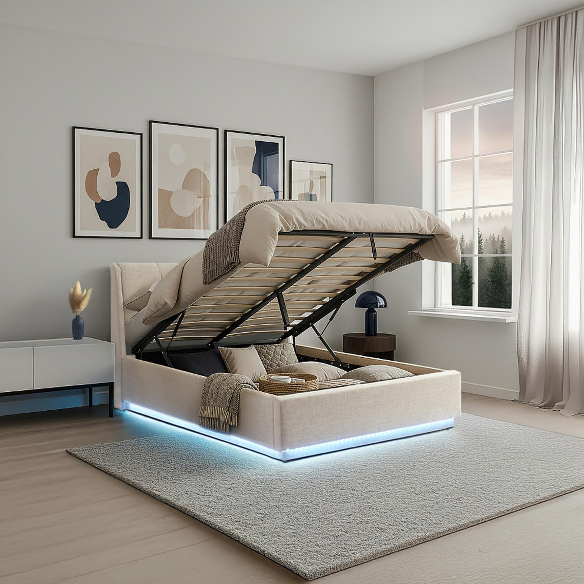 LED ČALOUNĚNÁ POSTEL Tröstiar - béžová, kov/kompozitní dřevo (140/200cm) - [en.casa]