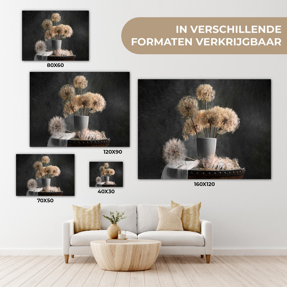 LEINWANDBILD Blumensamen - Löwenzahn - Vase - Stilleben - Blumenstrauß Wandbilder 80x60 cm - Dunkelgrau, Textil (80/60cm) - MuchoWow