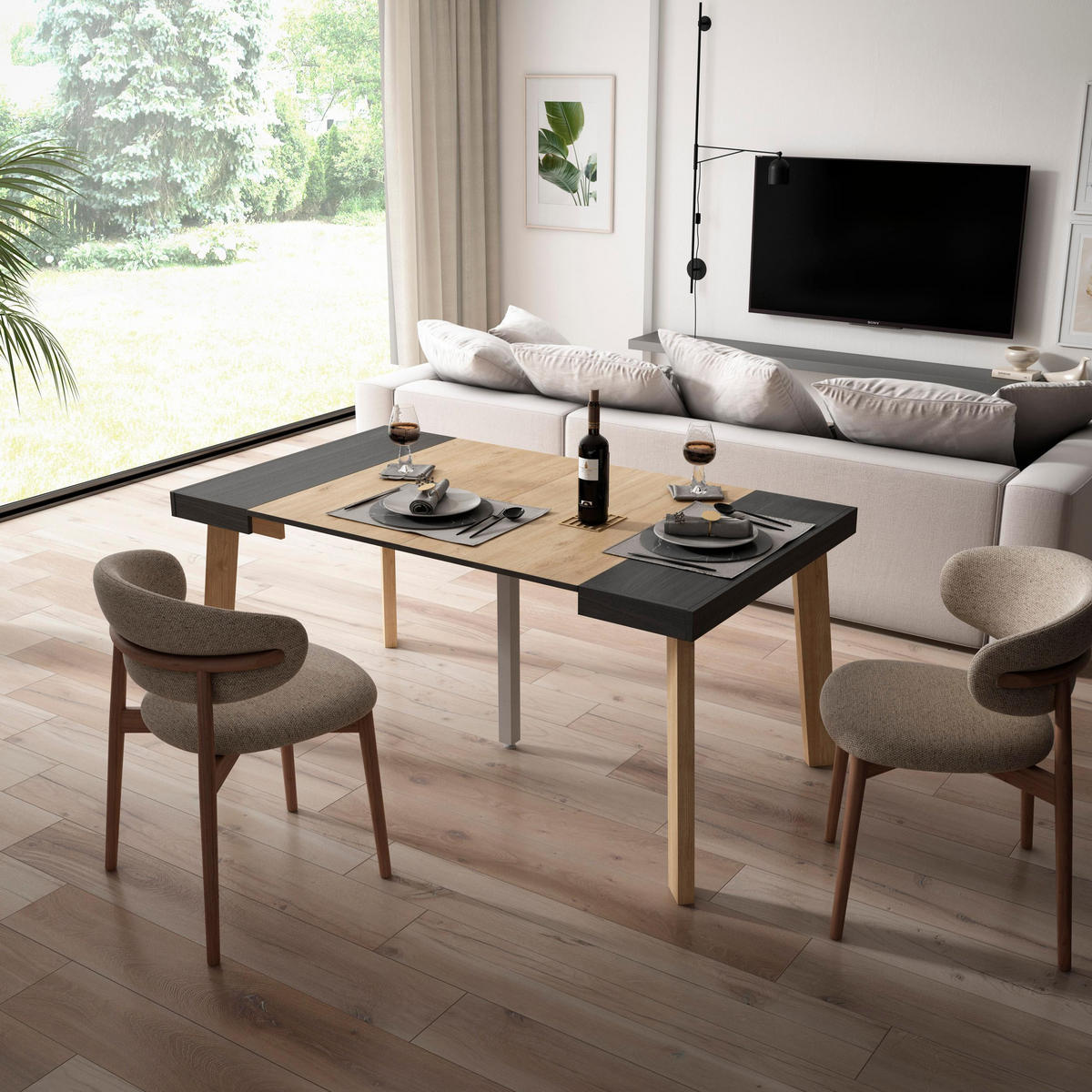 KONSOLENTISCH ausziehbar 58 bis 160cm, für 8 Gäste, schwarz eiche, 90/58/73cm - Eichefarben/Schwarz, Holzwerkstoff (90/160/73cm) - Skraut Home