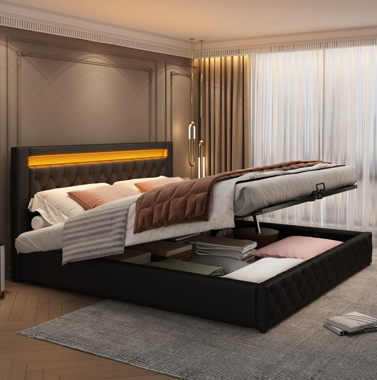 POLSTERBETT mit Bettkasten und LED 160x200 cm PU Schwarz - Schwarz, Metall (160/200cm) - Meubliv