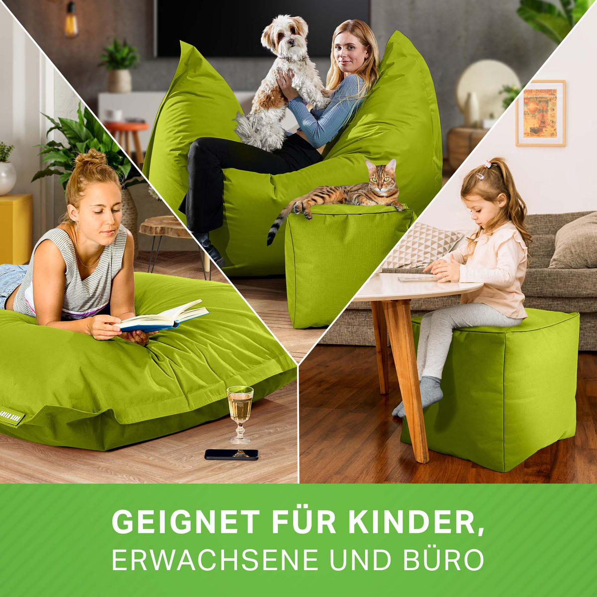 XXL-SITZSACK + Pouf 2er Set - 140x180cm - Grün, Textil (140/25/180cm) - Green Bean