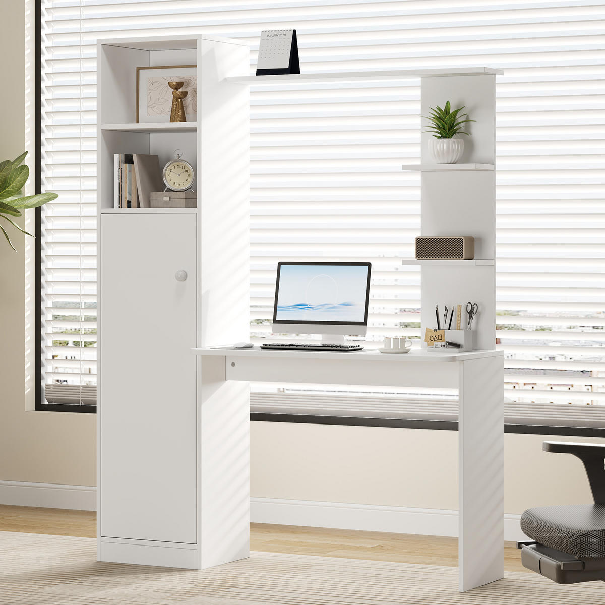 SCHREIBTISCH Weiß 123,5/45/168,5 cm mit Schrank und Regal - Weiß, Holzwerkstoff (123.5/45/168.5cm) - PANGIVO