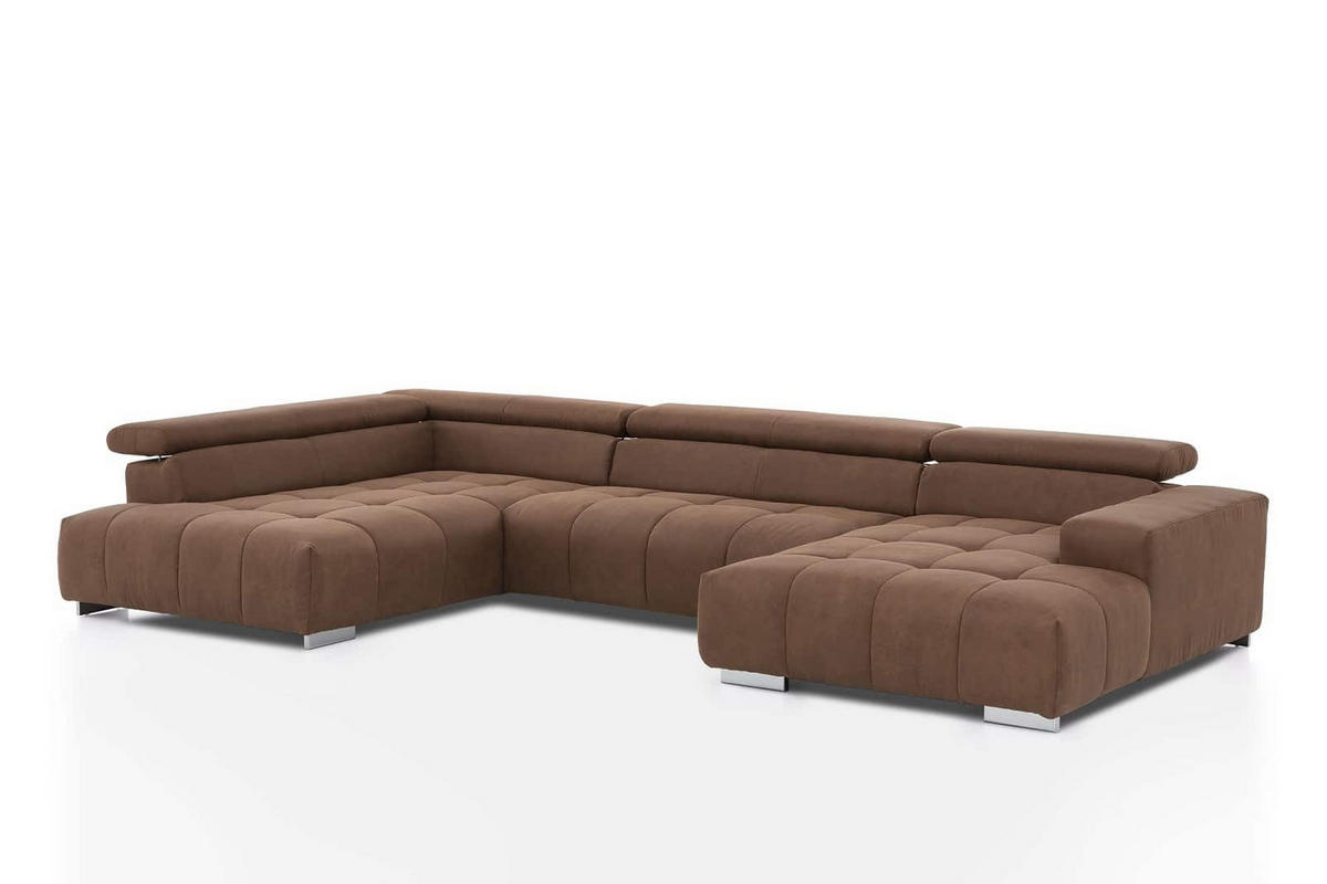 WOHNLANDSCHAFT XXL mit verstellbaren Kopflehnen - Silberfarben/Braun, Textil/Metall (409/73/225cm) - Cotta