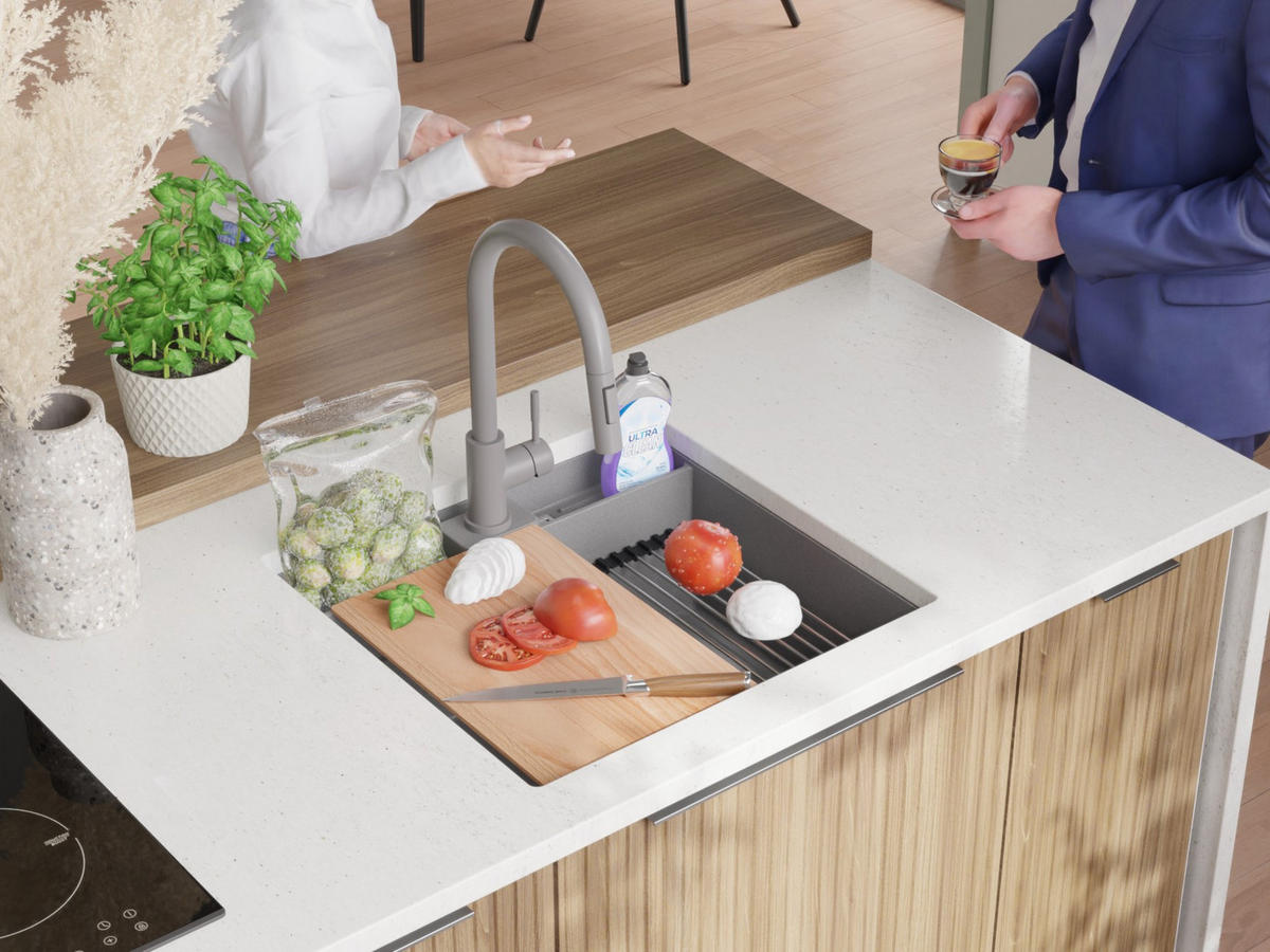 UNTERBAUSPÜLE GRANIT Bergen Pocket, 2-er set Grau 56/54 cm 1 Becken + Ablauf-Set + Küchenzubehörset ab 60er Unterschrank - Chromfarben/Beige, Kunststoff (56/20/54cm) - Primagran