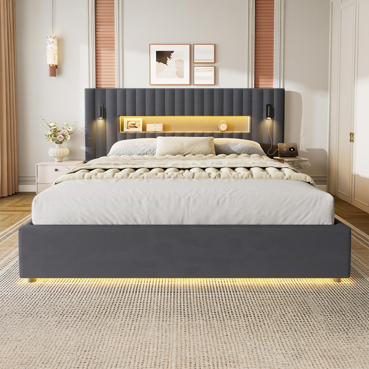 POLSTERBETT 180/200 cm mit Bettkasten&Leselampe Stauraumbett ohne Matratze, Samtbezug - Grau, Holzwerkstoff/Textil (180/200cm) - WISHDOR