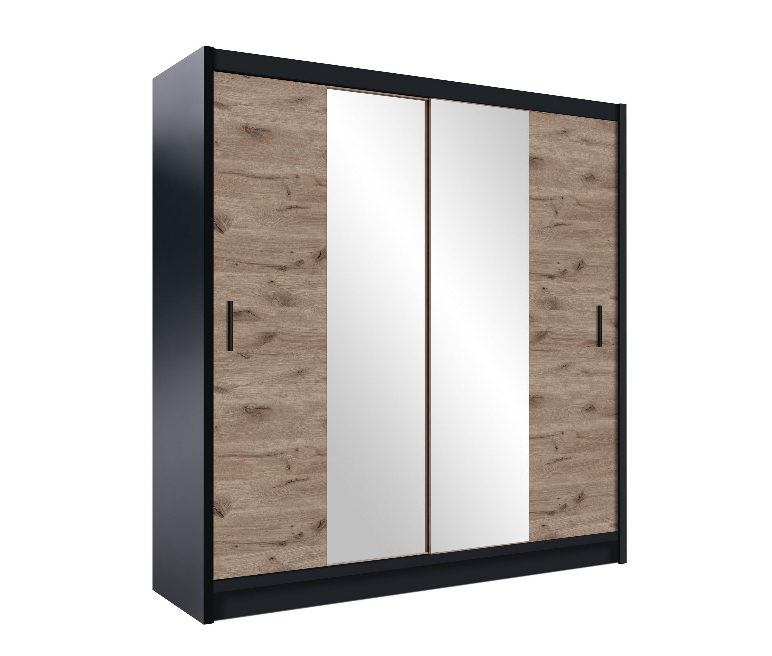 SCHWEBETÜRENSCHRANK KAYLE 203/215/61 cm 2-türig mit Spiegel Schwarz - Eichefarben/Schwarz, Holzwerkstoff (203/215/61cm) - MASSENO