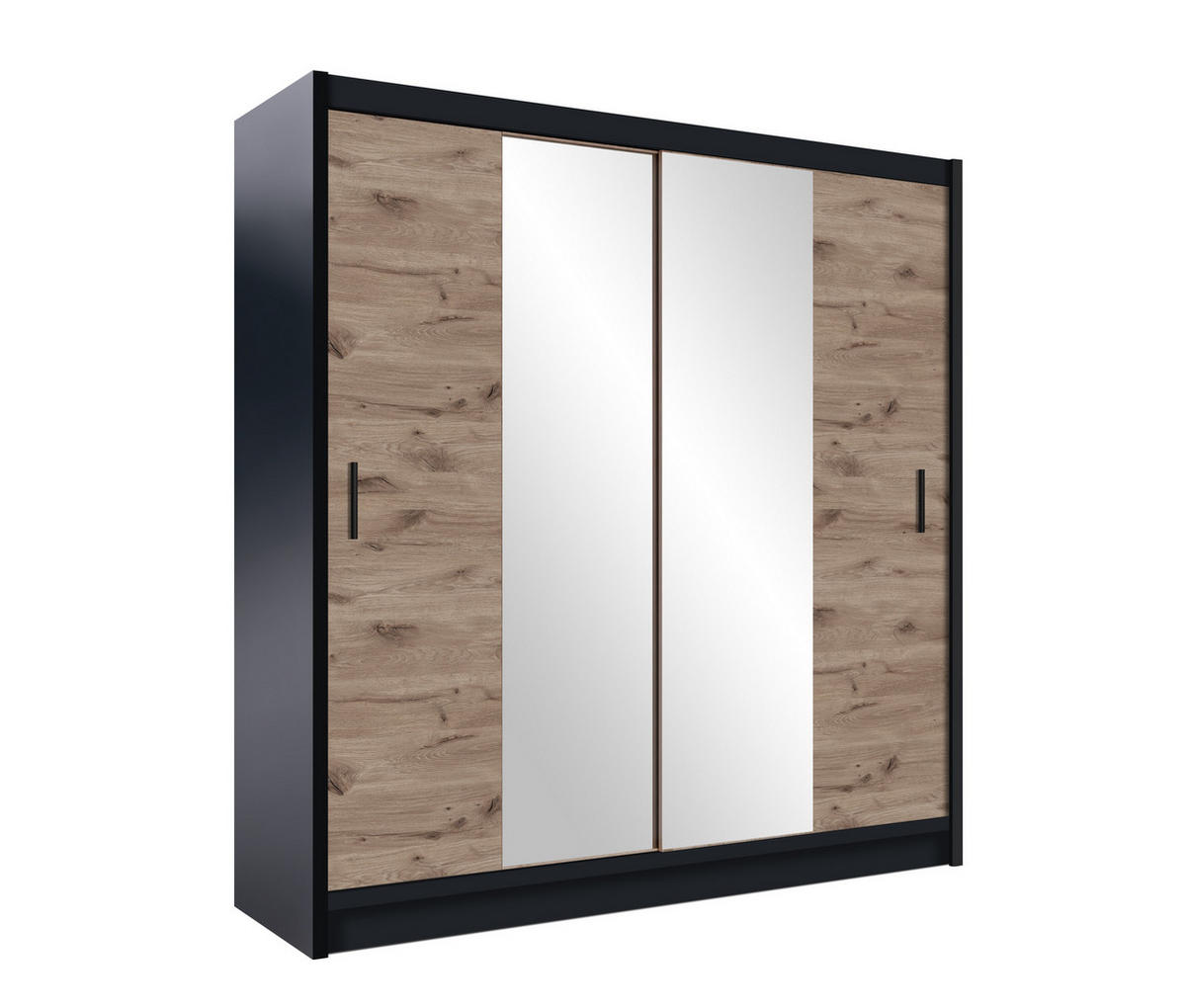 SCHWEBETÜRENSCHRANK KAYLE 203/215/61 cm 2-türig mit Spiegel Schwarz - Eichefarben/Schwarz, Holzwerkstoff (203/215/61cm) - MASSENO