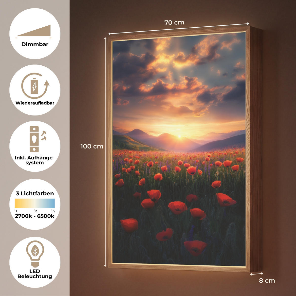 WANDLEUCHTE MIT AKKU Landschaft - Sonnenuntergang - Blumenfeld 70x100 cm - Rot, Holzwerkstoff (70/100/8cm) - OnlyWow