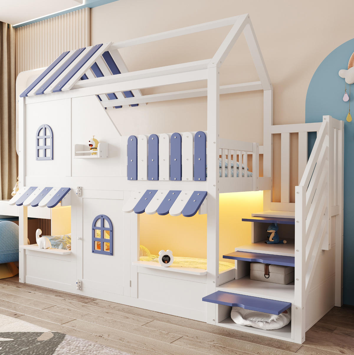KINDER-ETAGENBETT Holz 90x200 cm Weiß/Blau mit LED, Stauraumleiter und Regalen im Hausbett-Design - Weiß, Holz (90/200cm) - Modfu