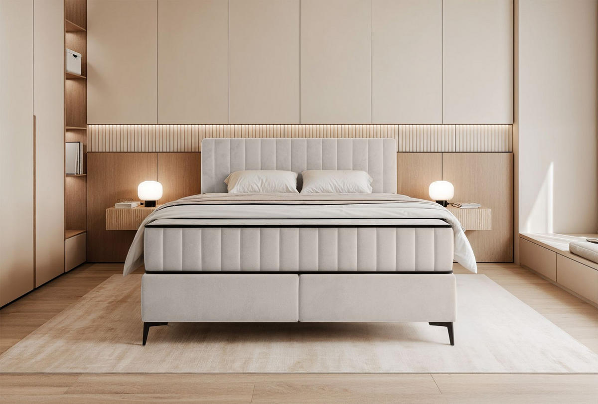 BOXBETT Mufasso Hellbeige Samtbezug 180x200 cm - Ecru/Schwarz, Textil/Metall (180/200cm) - Selsey