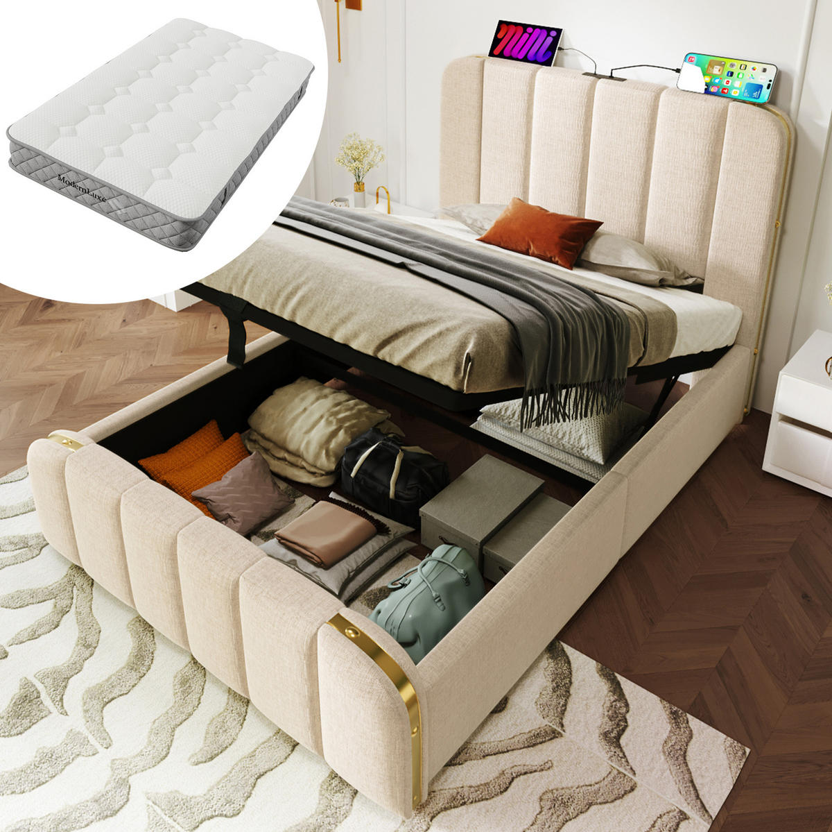 BETT mit Stauraum und Matratze 90x200 cm Beige Leinen - Beige, Metall (90/200cm) - Meubliv