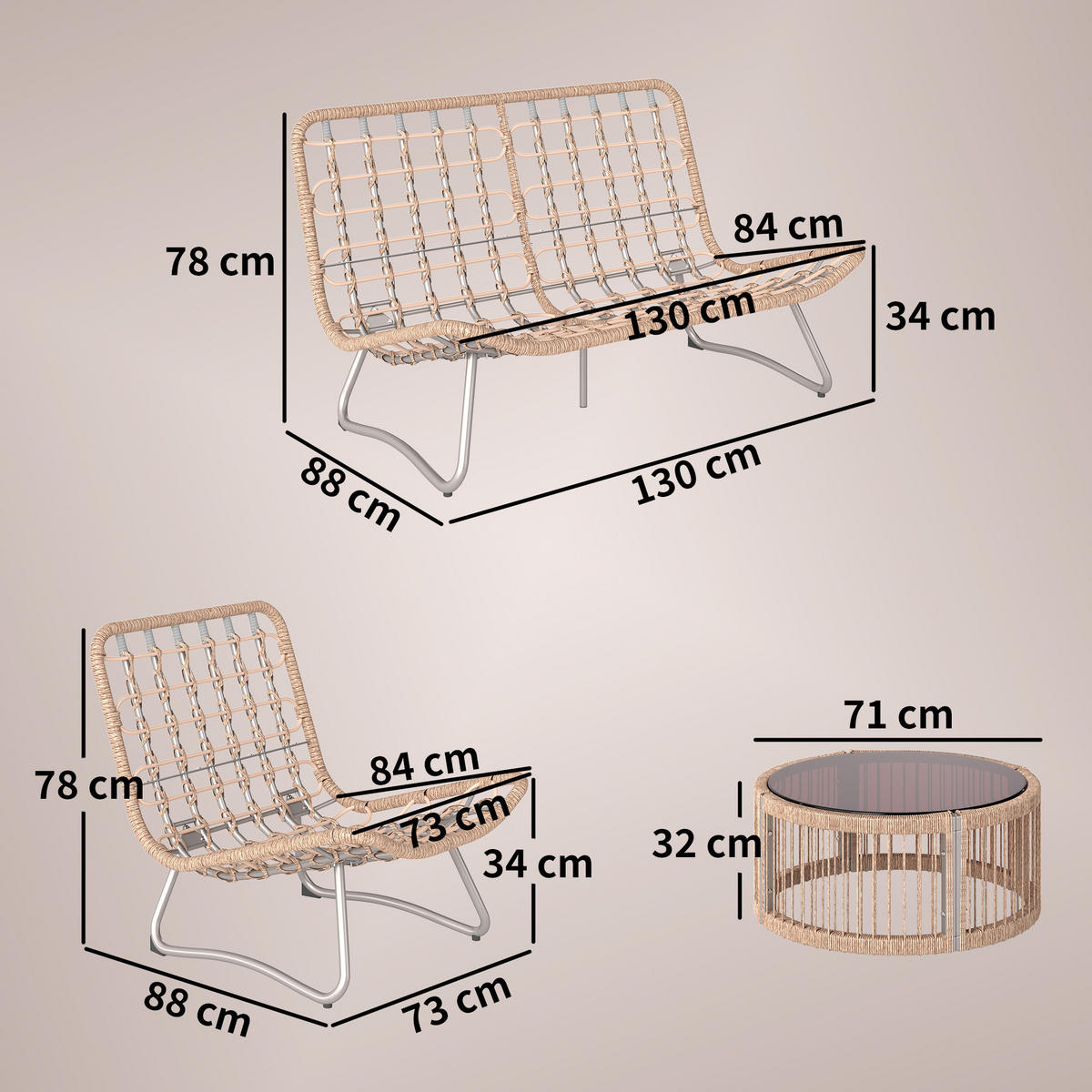 RATTAN-GARTENMÖBEL-SET 4er Set PE-Rattan Metall Braun - Braun, Metall - Outsunny