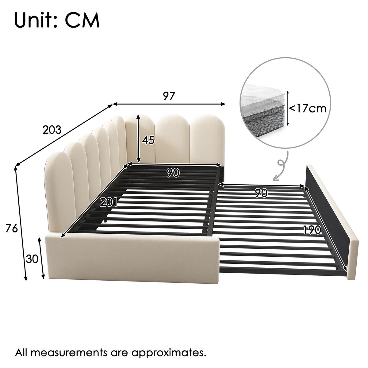 TAGESBETT mit Ausziehbett 90/200 cm aus Samt Beige mit kinderfreundlichem Gitter-Design - Beige, Textil (90/200cm) - OKWISH