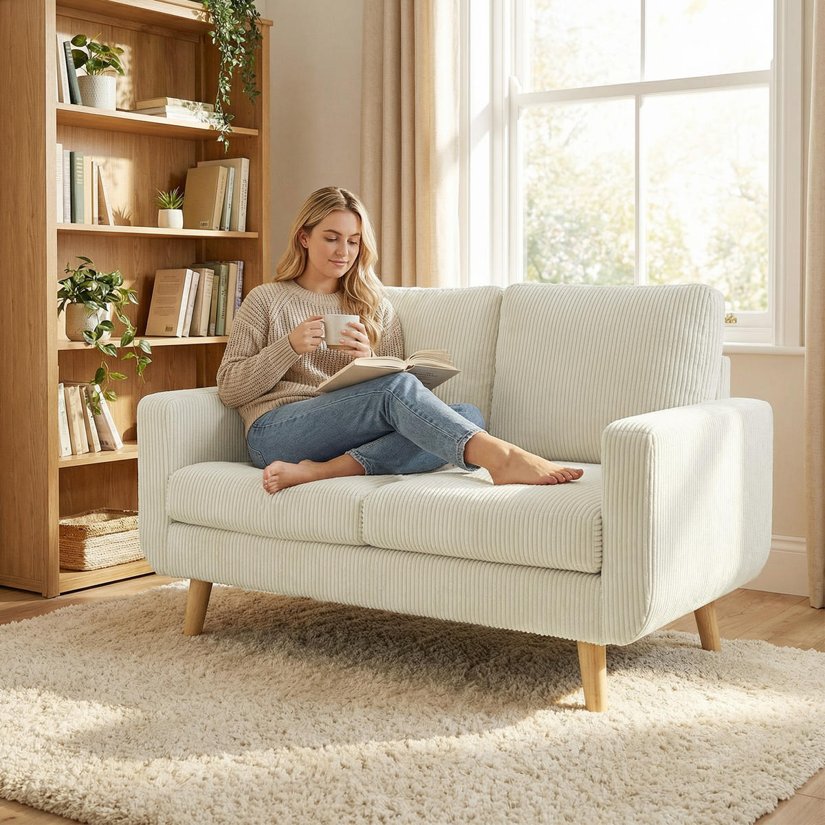 2-SITZER-SOFA DE-13516 mit Kordelsamt, Federkern Creme - Creme, Textil (74/84/134cm) - ComfortXL