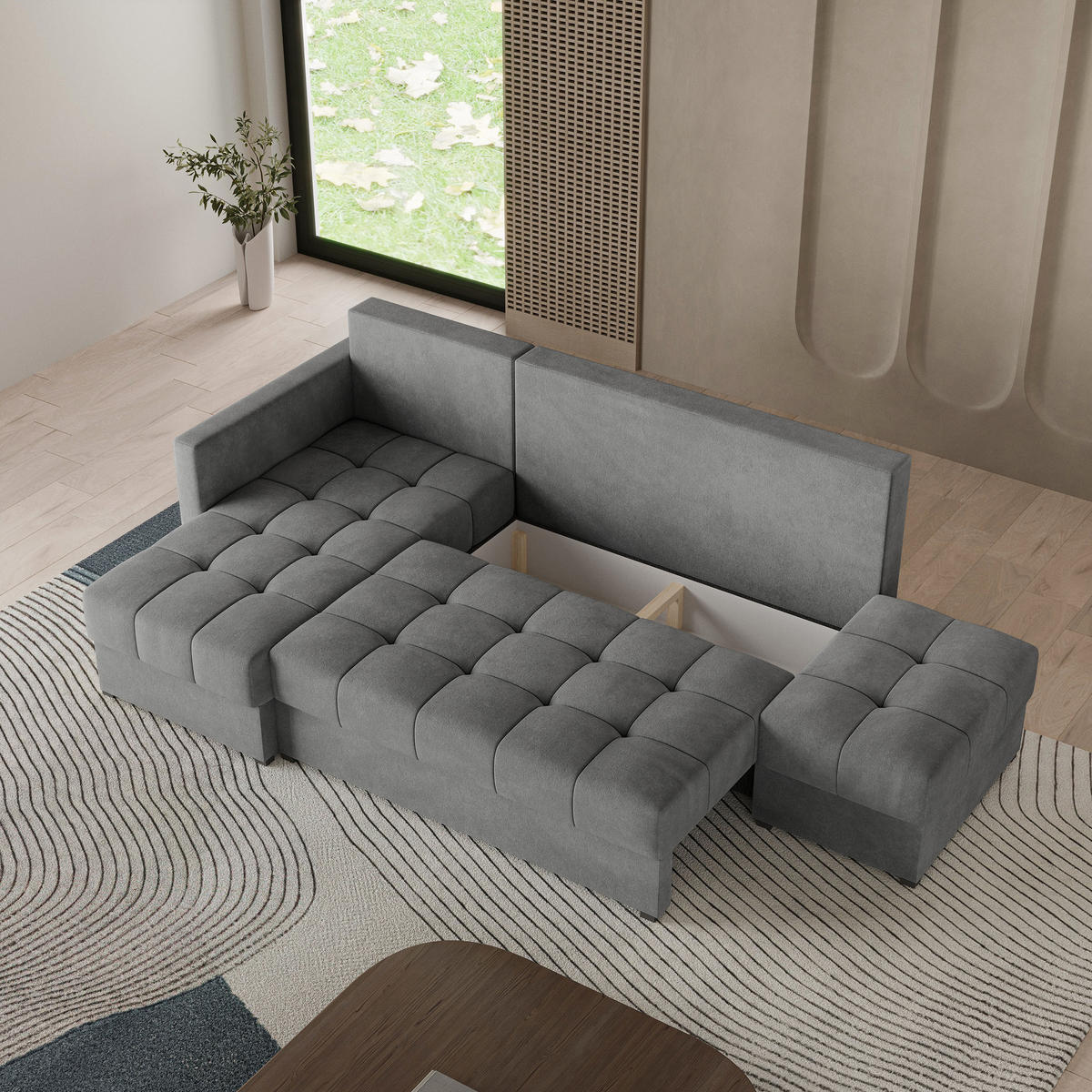 ECKSOFA LUMARI L-S Grau Plüsch-Stoff mit Schlaffunktion - Grau, Holz (262/143cm) - MASSENO