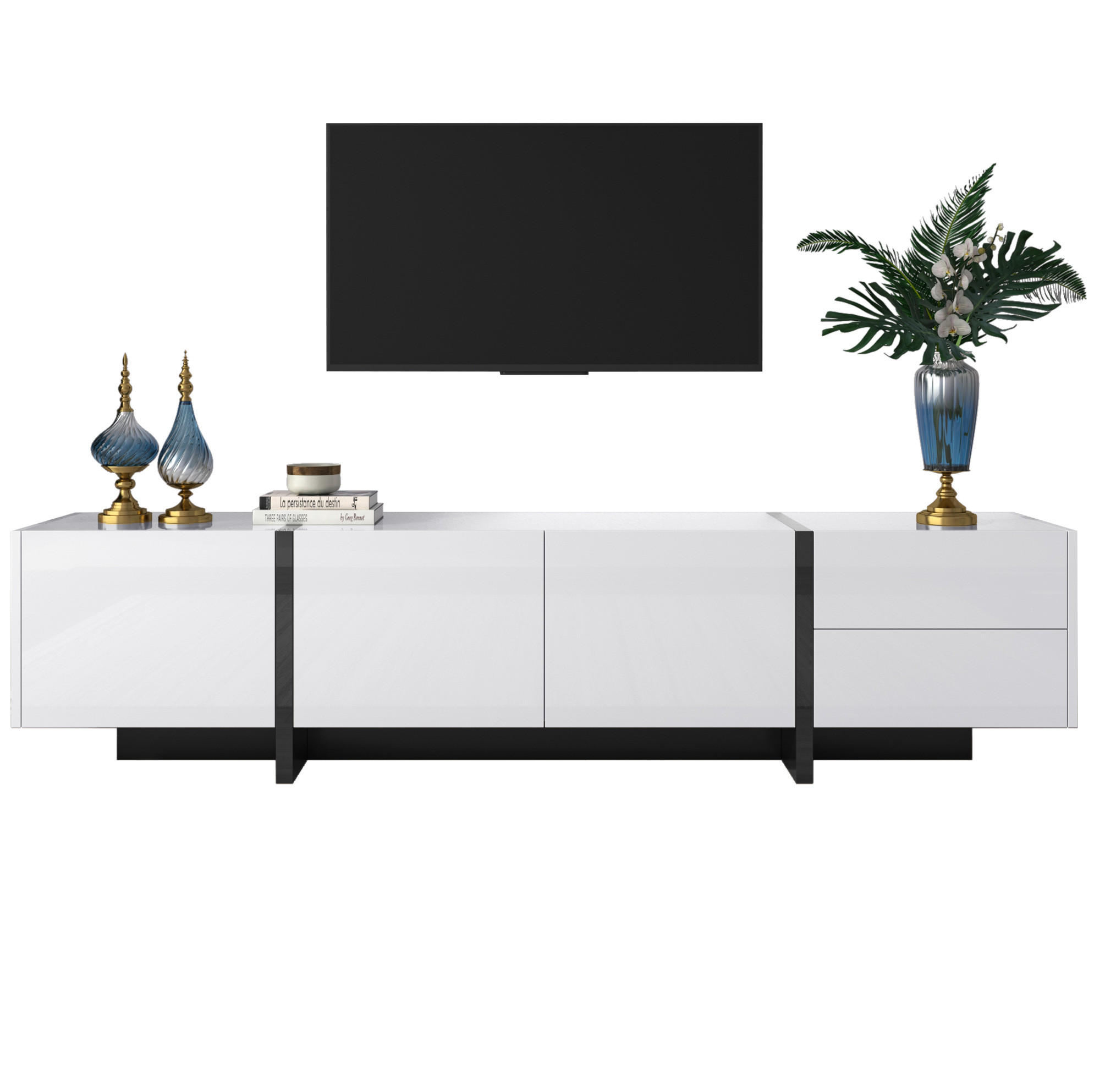TV-SCHRANK 190/45/35 cm schwarz-weiß Spanplatte mit 3 Türen und 2 Schubladen - Weiß, Holzwerkstoff (190/35/45cm) - OKWISH