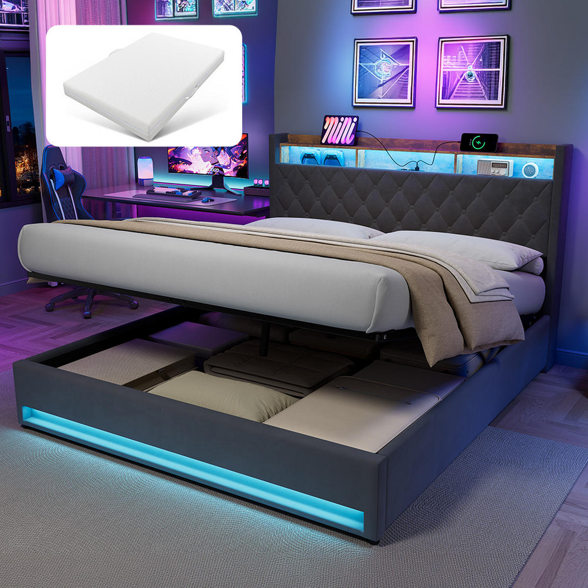 ČALOUNĚNÁ POSTEL 180/200 cm s matrací a úložným prostorem, boxspringová postel se zásuvkou a LED osvětlením, šedá - šedá, kov/kompozitní dřevo (180/200cm) - STILVORA