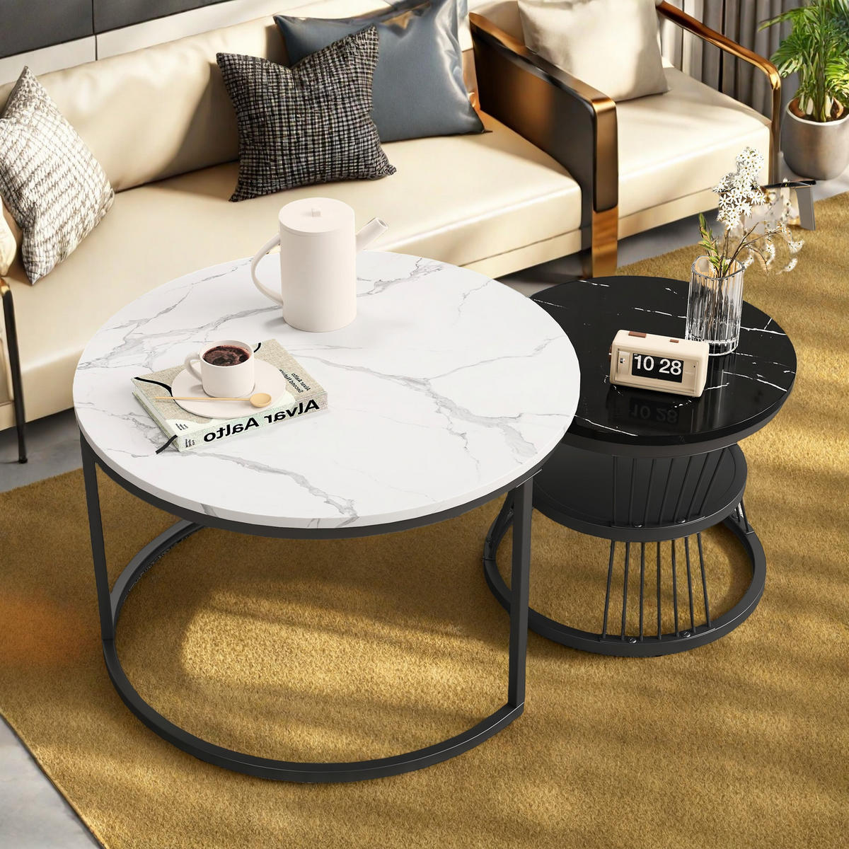 COUCHTISCH-SET rund 2er Set Marmoroptik Schwarz/Weiß - Schwarz, Metall (70/70/45.5cm) - SHOPENTRA