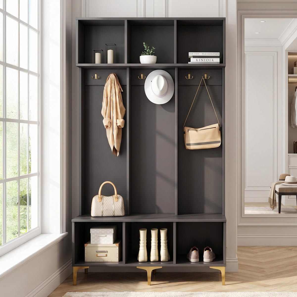 GARDEROBE in Schwarz und Gold, mit Sitzbank und 6 Haken - Schwarz, Holzwerkstoff (120/191/40cm) - Urban Meuble