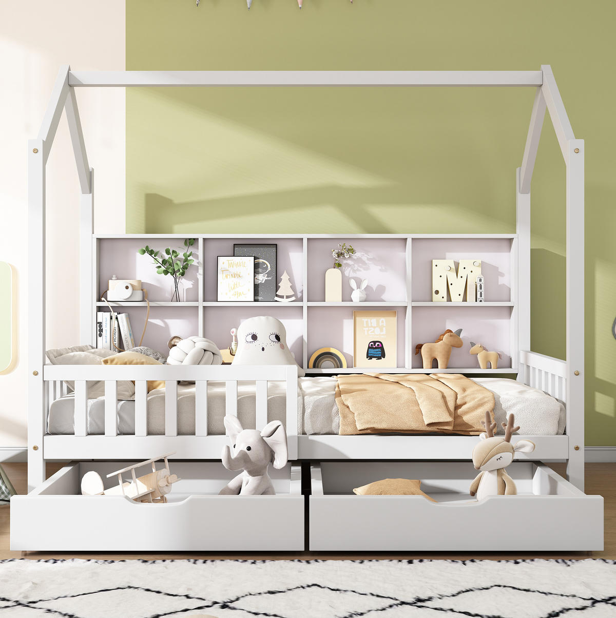 KINDERBETT Hausbett 90/200 cm aus Kiefer massiv mit Bücherregal, 2 Schubladen und Rausfallschutz, Weiß - Weiß, Holz (90/200cm) - Redom