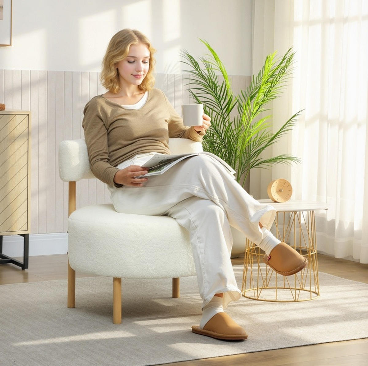 SESSEL 67/67/71 cm in Cremeweiß mit Sherpa-Fleece und Metallbeinen - Creme, Kunststoff (67/71/67cm) - BEAOK