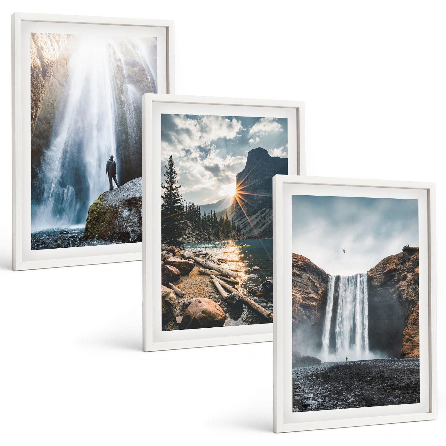 BILDER SET 3er Set - 40x60 cm Weißer Rahmen - Wasserfälle, Berge, Landschaften, Natur - Weiß, Kunststoff (40/60cm) - TULUP