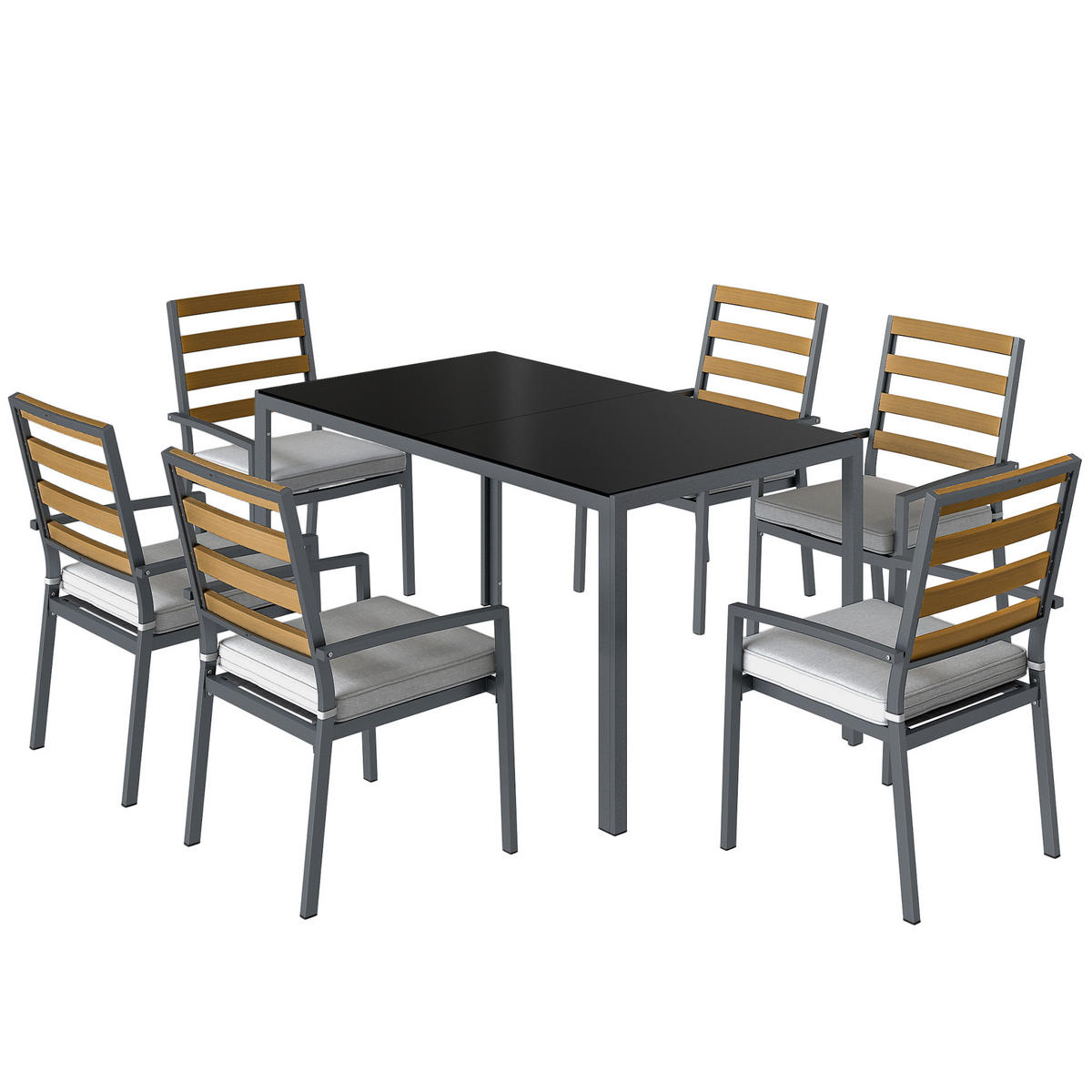 GARTEN-ESSSET 7-teilig,Tisch+Stühle für 6 Personen,schwarz - Grau, Metall - Vallsero