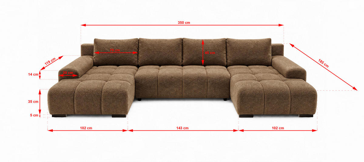 WOHNLANDSCHAFT OVIA U mit Bettkasten und Schlaffunktion, Bouclé-Stoff in U-Form - Braun, Textil (350/80/185cm)