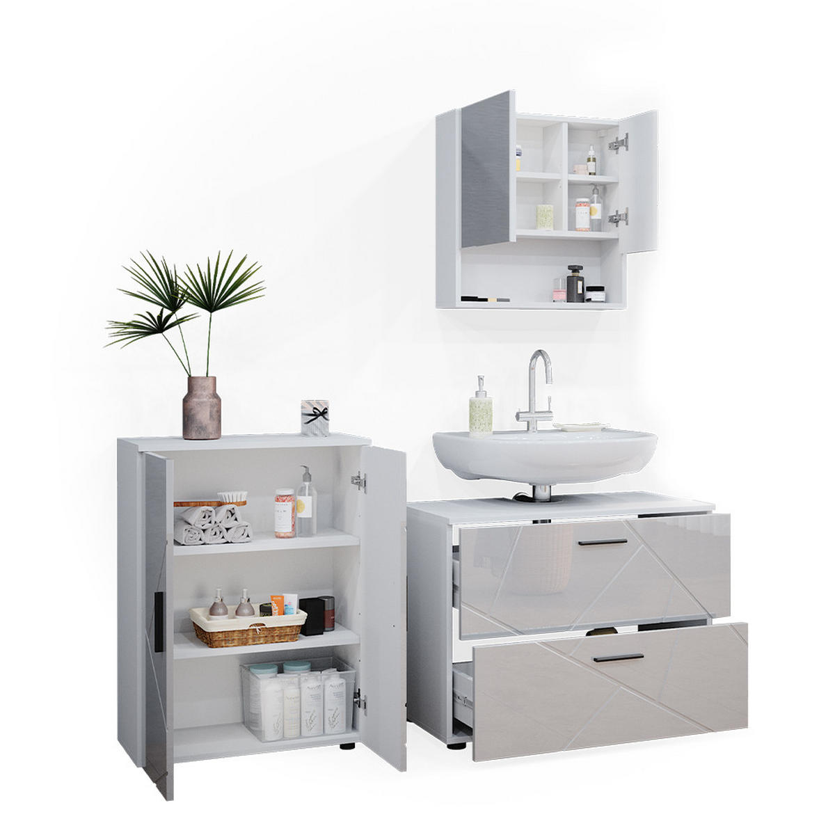 BADMÖBEL-SET Irma Weiß Hochglanz 3 Teile, mit Unterschrank 80 cm - Weiß Hochglanz/Weiß, Holzwerkstoff (80/58/41cm) - Vicco